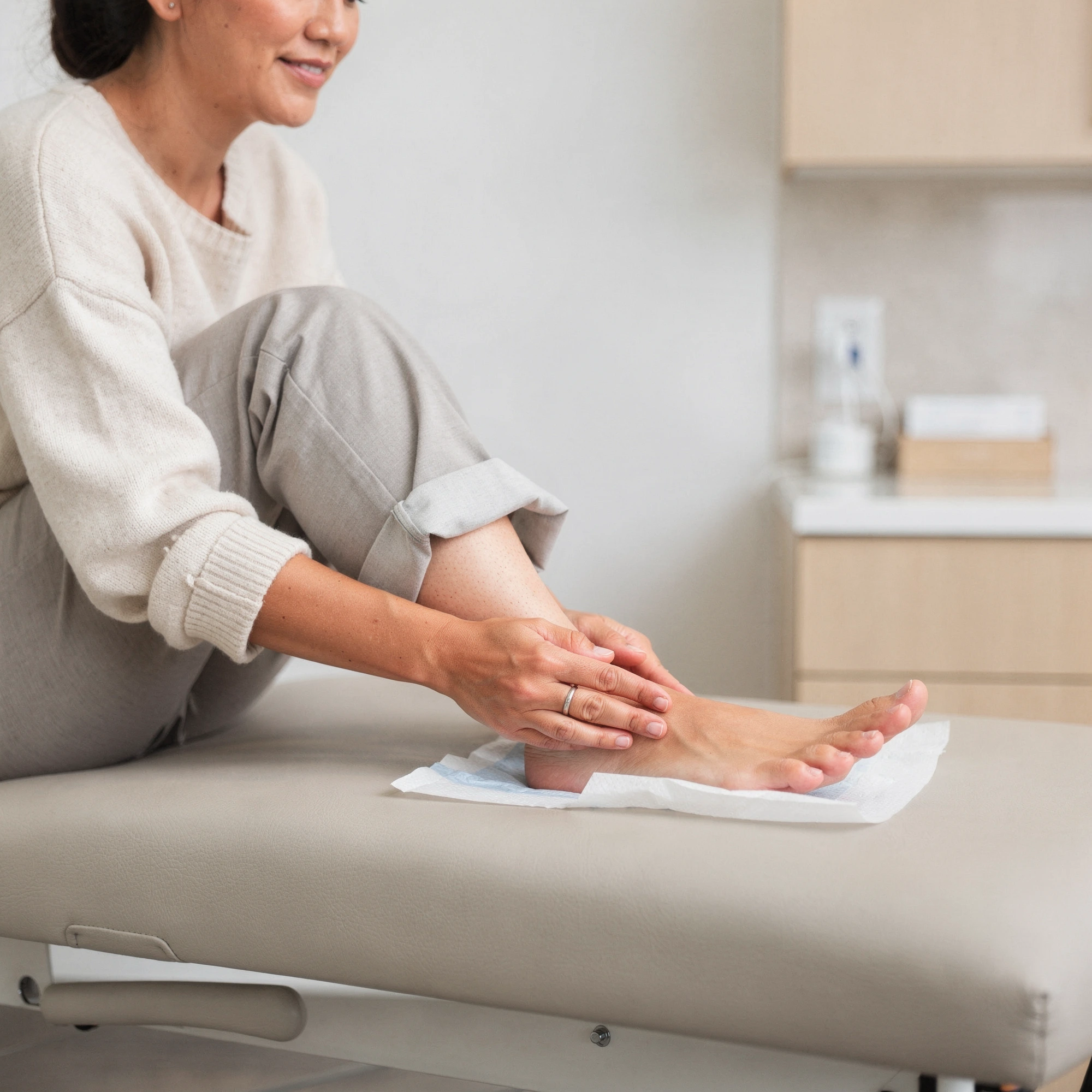 Woman on an exam table holding her bare foot on a towel – podiatry care in Medford, OR